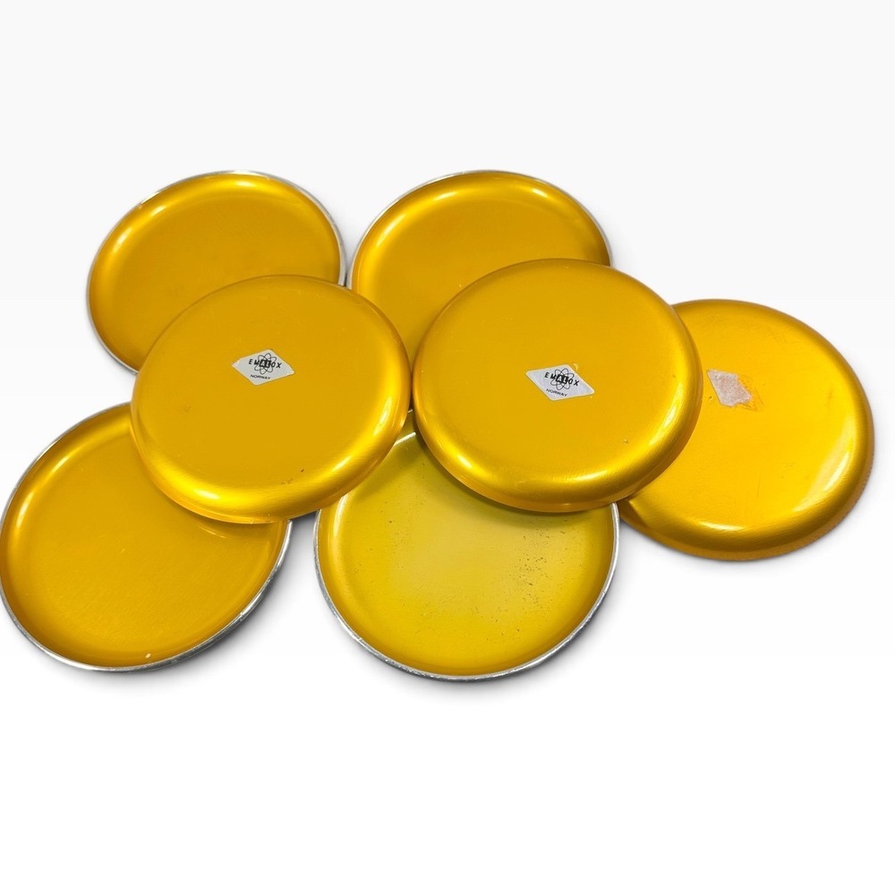 Vintage Emalox Norway Yellow Gold Anodized Aluminum Coasters Set of 7 MCM 4in